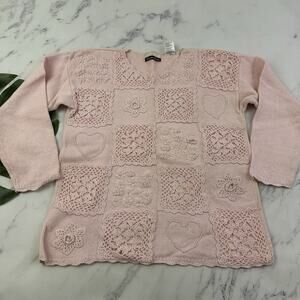 Dana Scott Womens Vintage 90s Sweater Size M Pastel Pink Crochet Floral Cottage